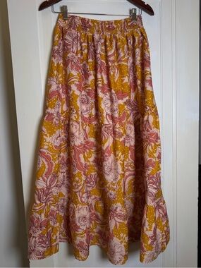 B.O.G. Collective Floral Tiered Maxi Skirt Mustard Yellow Boho Size Small